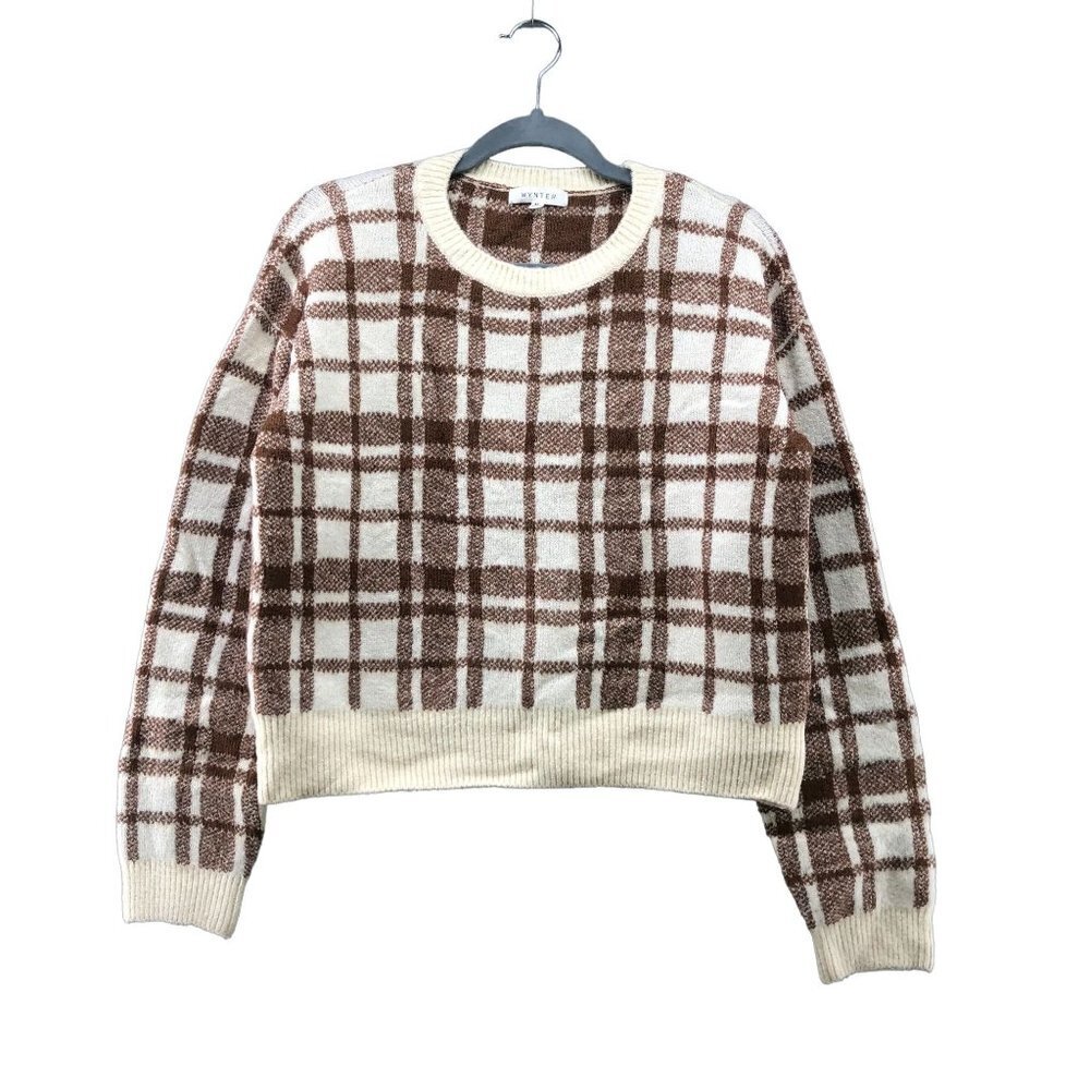 NWOT Wynter Plaid Sweater Womens M‎ Brown Ivory Crewneck Stretch Tight Knit